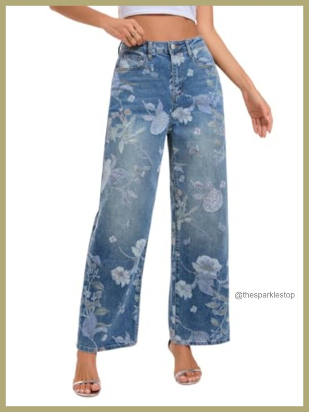 High Rise Straight Leg Floral Stretch Jeans Women Summer Denim Pants